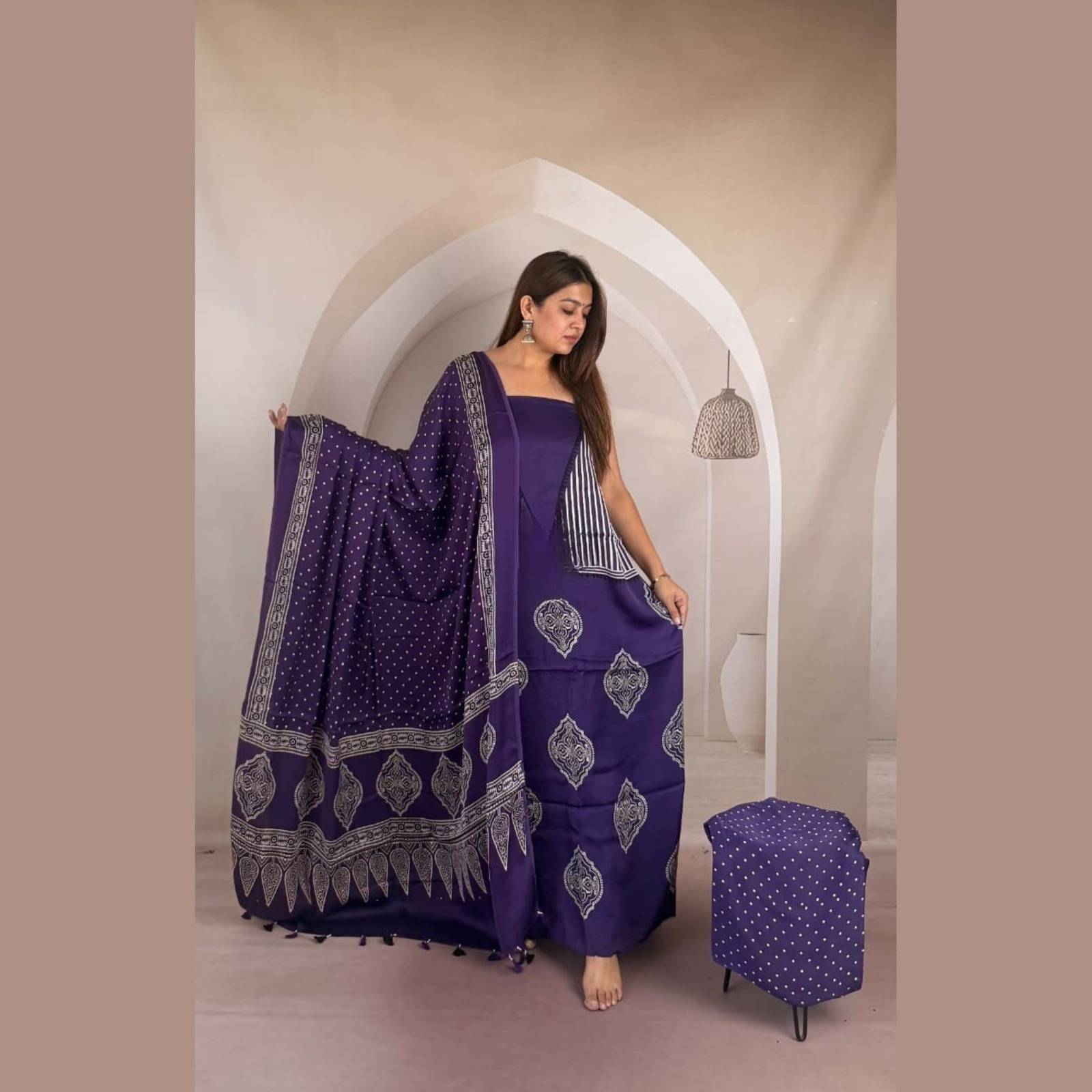 Modal Silk Ajrakh Handblock Suit Set with Tissue-Like Pallu Dupatta