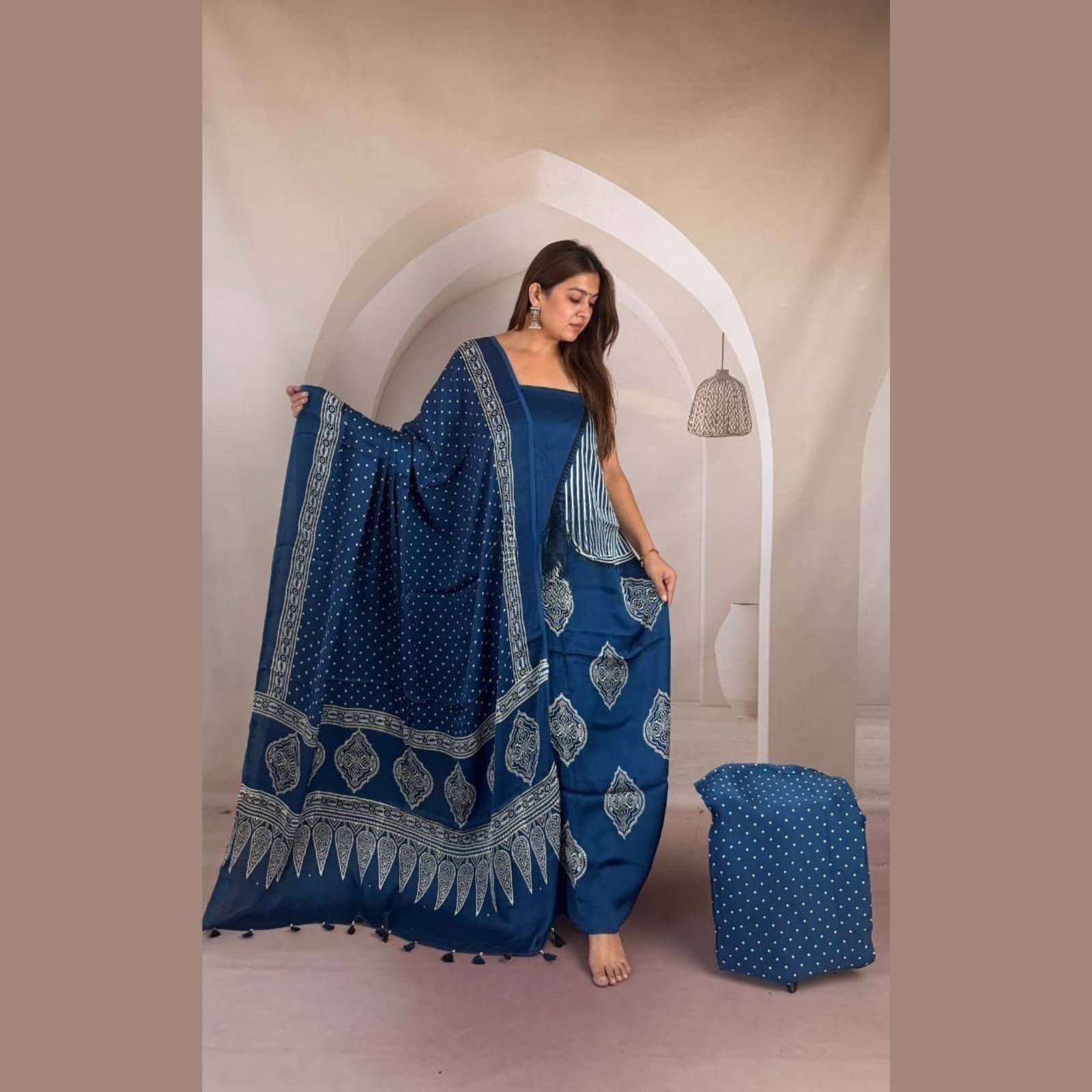 Modal Silk Ajrakh Handblock Suit Set with Tissue-Like Pallu Dupatta