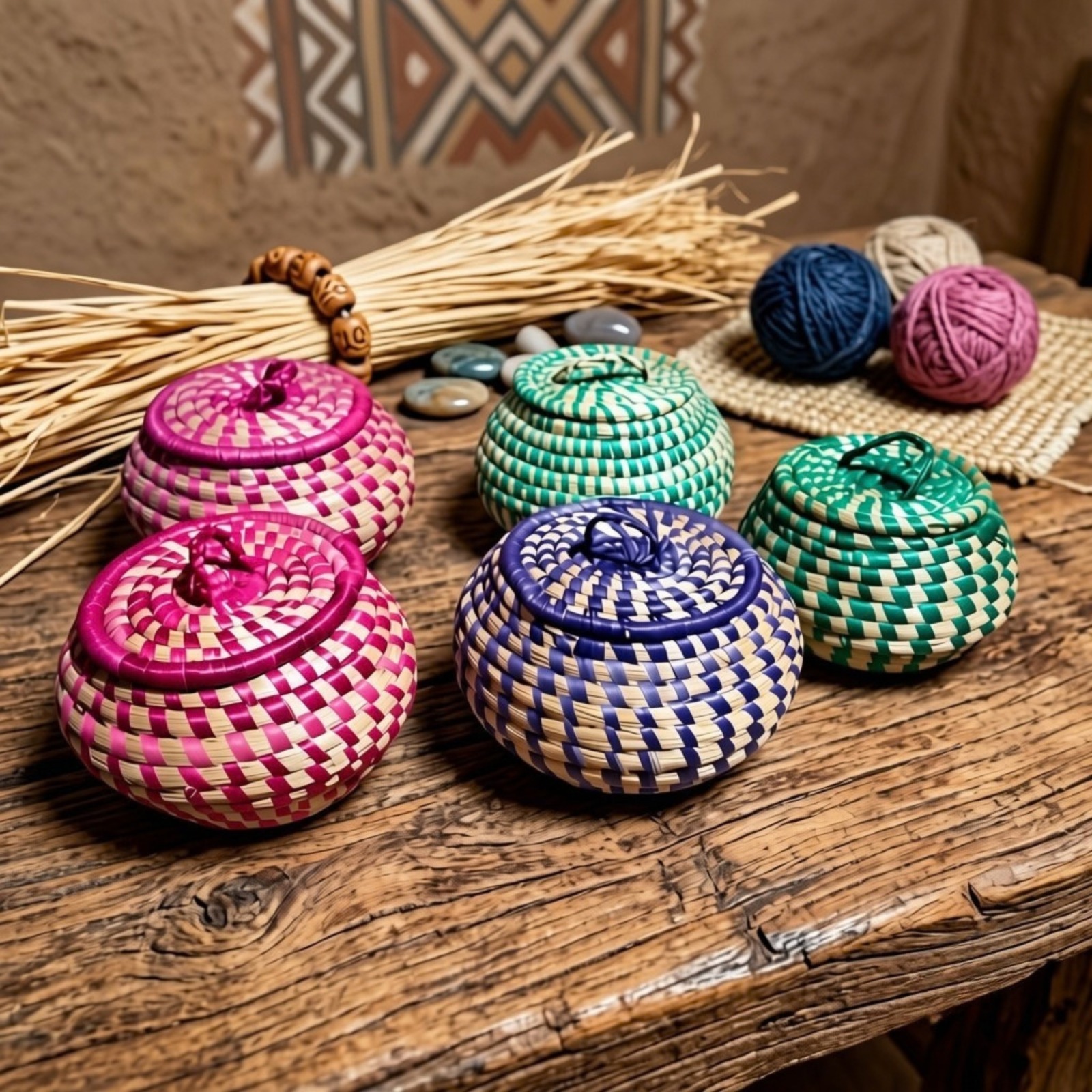 Round handcrafted woven baskets