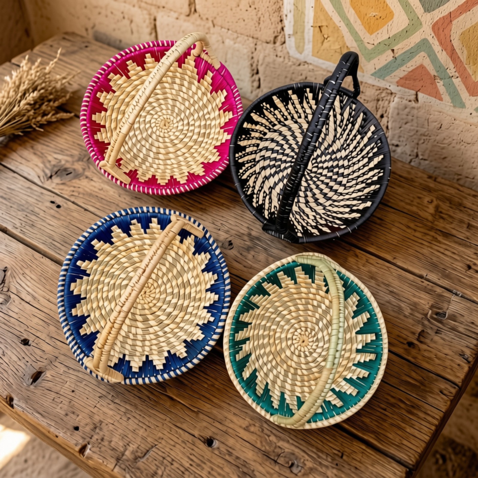 Set of 4 Round Handwoven Baskets with Handles